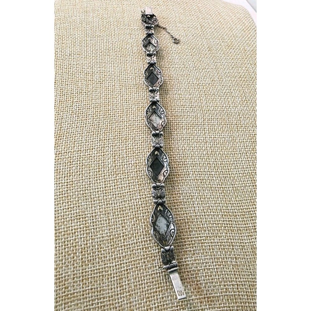 Vtg Abalone Marcasite Sterling Silver 925 Black and White Diamond Link Bracelet - Picture 4 of 6